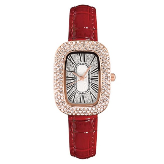 New Luxury Full Crystal Tonneau Women’s Watch – Leather Strap